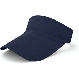 A navy blue breathable sun visor with a wide brim and perforated design, featuring a logo.