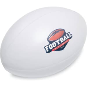 A white rugby ball stress reliever with a logo featuring a football design and text.