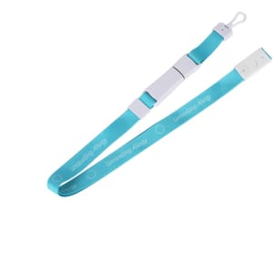 A turquoise lanyard with a magnetic clip and a flash drive attachment. It features a branding logo.