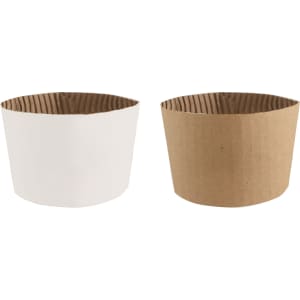 Two paper cup sleeves in white and brown, featuring a textured ribbed design. Each sleeve has a unique shape.