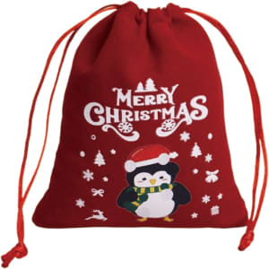 A red drawstring gift bag featuring a penguin in a Santa hat and festive designs, with a logo present.