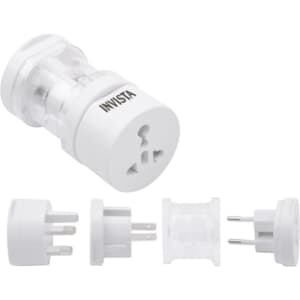 A white universal plug travel adapter with multiple interchangeable pins on a white background, featuring a logo.