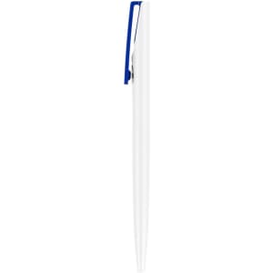 A creamy white plastic pen with a blue clip, featuring a simple, sleek design and a branding logo.
