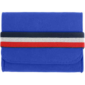 A blue felt essential oils travel organiser with a multi-coloured strap. It features a simple, compact design.