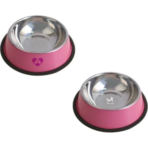A pink pet feeding bowl with a stainless steel interior and a rubber base, featuring a logo on the side.