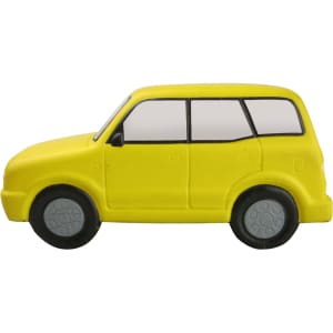 A yellow minibus-shaped stress reliever with grey wheels, featuring a simplistic design and a solid colour finish.