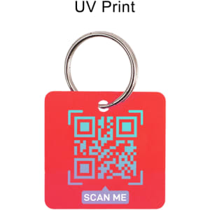 A square red plastic card key tag with a QR code and a silver keyring attachment.