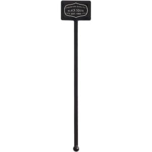 A black drink stirrer with a rectangular top featuring a logo. The stirrer has a rounded end for mixing.