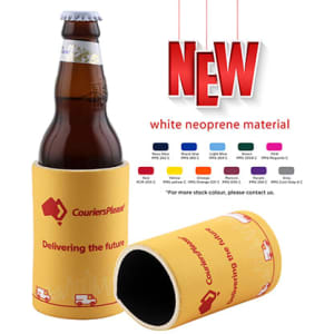 A drink bottle holder in yellow neoprene, featuring a logo and sleek cylindrical design.