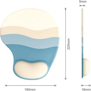 A lightweight bean gel pad in blue and cream with curved wave patterns and dimensions of 190mm x 225mm x 5mm.