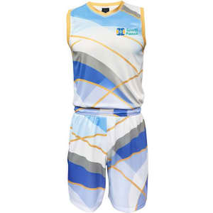 A sleeveless sport jersey in white, blue, and grey with a matching pair of shorts, featuring a logo.