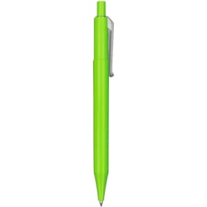 A bright green plastic pen with a clip, featuring a sleek design. The pen includes a logo.