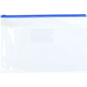 A transparent A4 file bag with a blue zip closure, suitable for storing documents. It features a logo.
