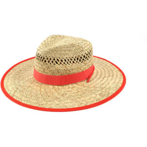 A natural straw hat with a wide brim, featuring a red band around the crown. It has a logo.