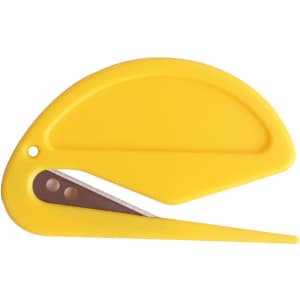 A yellow letter opener with a curved design and a pointed blade, featuring a hole for easy handling.