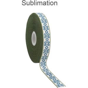 A roll of satin polyester ribbon in olive green with a patterned design in blue. It features a branding logo.