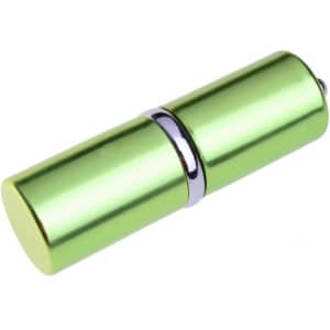 A green lip balm-shaped flash drive with a chrome band in the centre. It has a sleek, metallic finish.