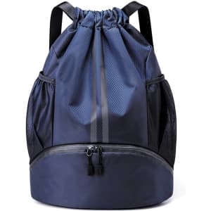 A navy drawstring backpack with a textured finish, featuring a zippered compartment and side mesh pockets.