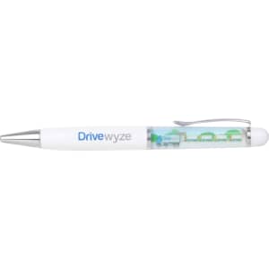 A plastic pen in white featuring a transparent section with colourful floating elements. The pen also has a logo.