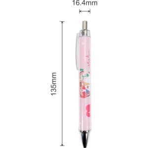A pink ballpoint pen with a clear barrel, featuring decorative designs and a clip at the top.