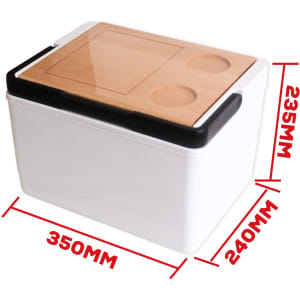 A white cooler box with a wooden lid, featuring two circular cutouts, measures 350mm x 240mm x 235mm.