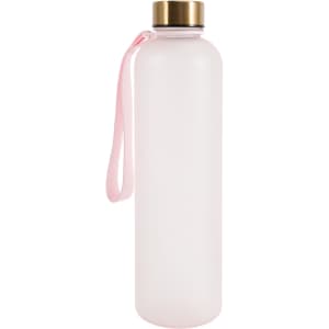 A drink bottle in a frosted pink finish with a gold lid and a pink strap, featuring a logo.