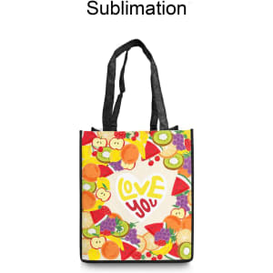 A custom sublimation tote bag featuring a vibrant fruit design with the words "Love You," and black handles.