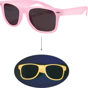 Glow in the dark sunglasses in pink and yellow with dark lenses, featuring a logo on the side.