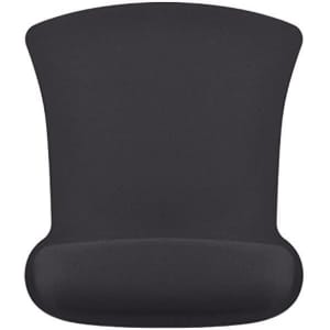 A black gel mouse pad featuring a cushioned wrist support, designed for comfort during use.