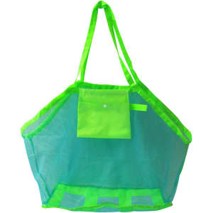 A bright green mesh beach toy bag with a pocket and handles, designed for carrying beach toys and accessories.