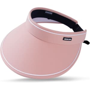 A pink wide brim sun visor hat with a black adjustable strap and a logo on the side.