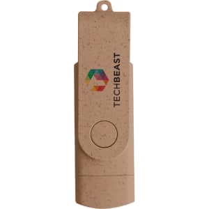 A beige eco-friendly double-end swivel Type C flash drive with a logo.