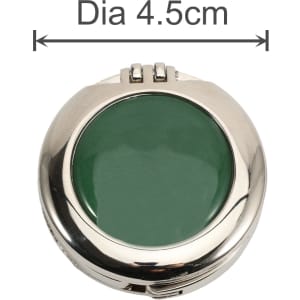 A foldable desk hook with a green mirror, featuring a silver frame. It has a round shape with a diameter of 4.5 cm.