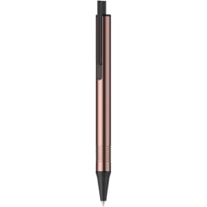 A rose gold pen with a sleek design and black tip. The pen features a clip and a textured grip.
