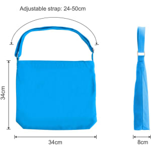 A bright blue canvas tote bag with a long adjustable strap, dimensions 34cm x 34cm x 8cm.