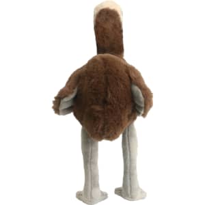 A custom emu plush toy with brown and grey colours, showcasing its back view and soft, fluffy texture.