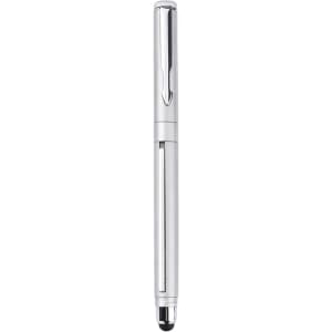 A sleek silver pen with a glossy finish and a stylus tip, featuring a branding logo.
