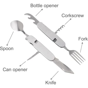 A stainless steel camping cutlery tool featuring a spoon, fork, knife, can opener, bottle opener, and corkscrew.