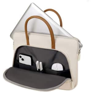 A PU handle laptop bag in cream with a zippered outer pocket, featuring compartments for a laptop, phone, and accessories.