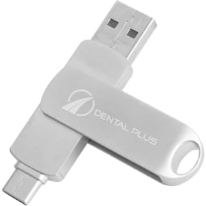 A silver double-end swivel Type C flash drive with USB and Type C connectors, featuring a logo.