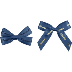 Two adhesive bows in navy blue with gold text, featuring one bow labelled "Forward" and the other "Chocolate."