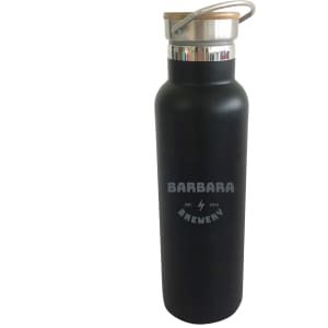 A drink bottle featuring a matte black finish, double wall vacuum insulation, and a bamboo lid. Includes a logo.