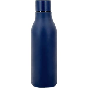 A drink bottle in navy blue, featuring a sleek, thermal design and a logo on the body.