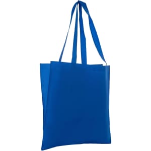 A blue non-woven long handle bag with a gusset, featuring two handles for carrying.