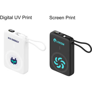 A compact 10000mAh magnetic wireless power bank in white and black with unique designs and a small attachment loop.