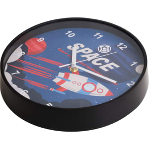 A round wall clock with a space-themed design featuring rockets, planets, and a black frame.