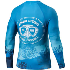 A long-sleeved rashie in blue tones featuring a scuba diving graphic and a logo on the back.