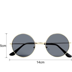 Retro round sunglasses featuring a gold frame and dark lenses, measuring 14 cm wide and 5 cm high.