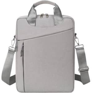 A grey laptop bag with a handle, adjustable strap, and a front zip pocket, featuring a logo.