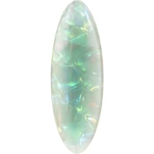 An oval iridescent hair clip in shades of green and white, featuring a textured surface and a glossy finish.